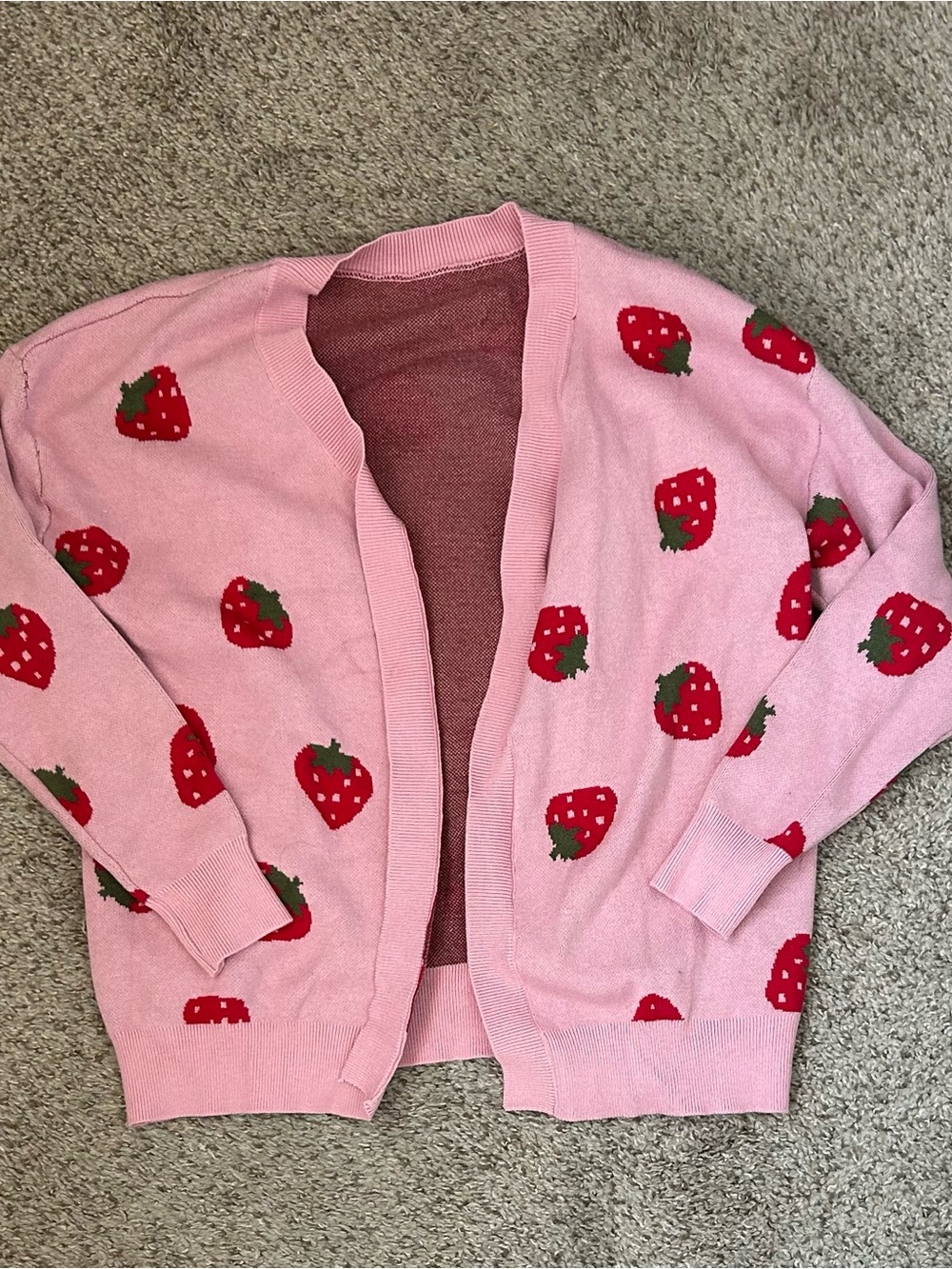 Pink Strawberry Print Open Cardigan Sweater